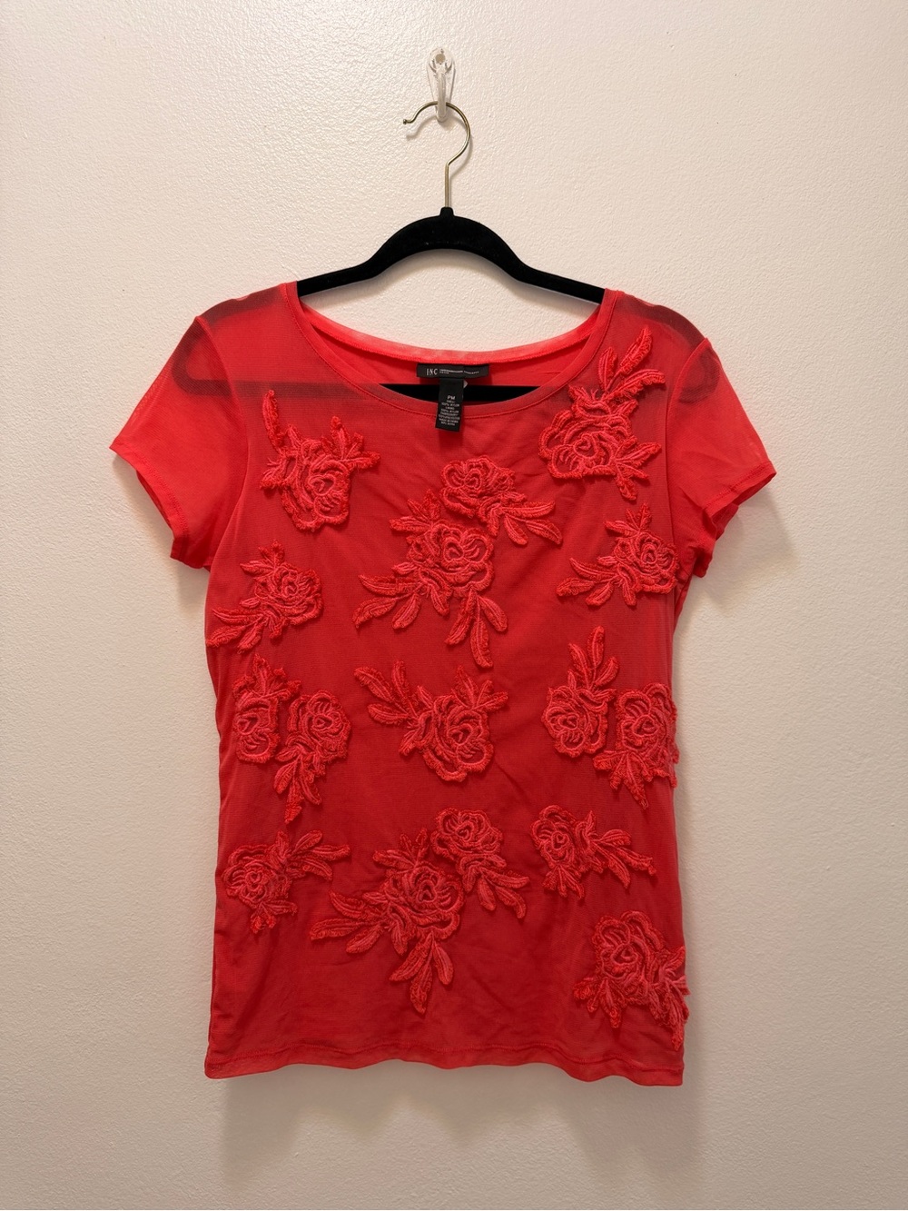 INC Petite Pink Sheer Mesh Floral Embroidered Top PM